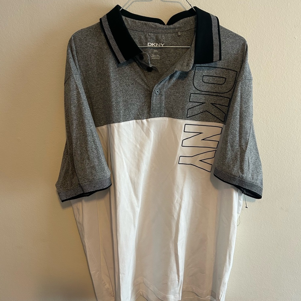 DKNY Gray and White Polo Shirt Casual Athletic Wear